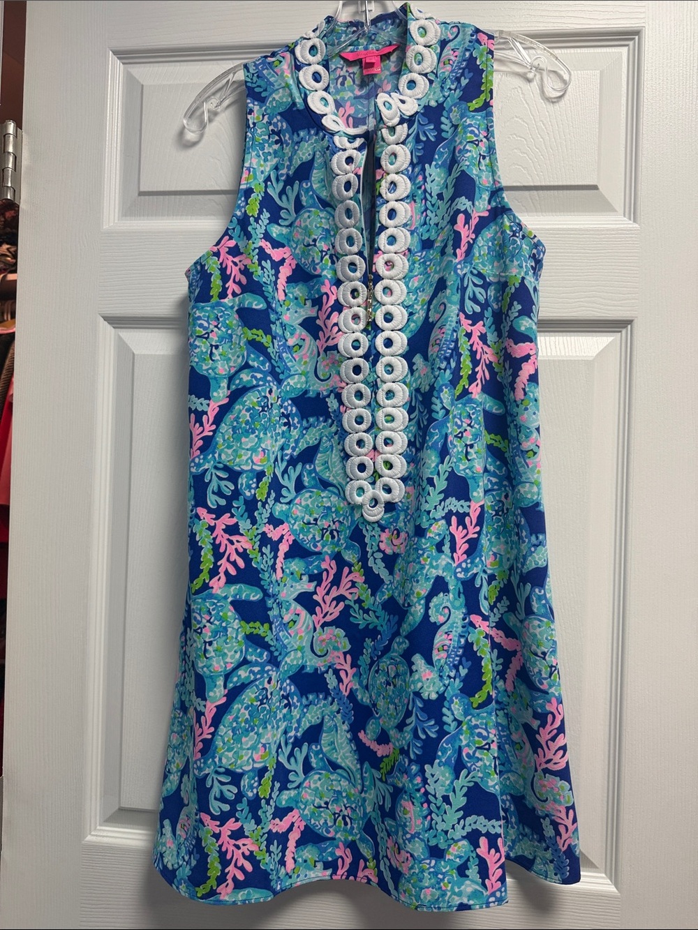 Sleeveless Blue Coral Print Shift Dress with White Trim